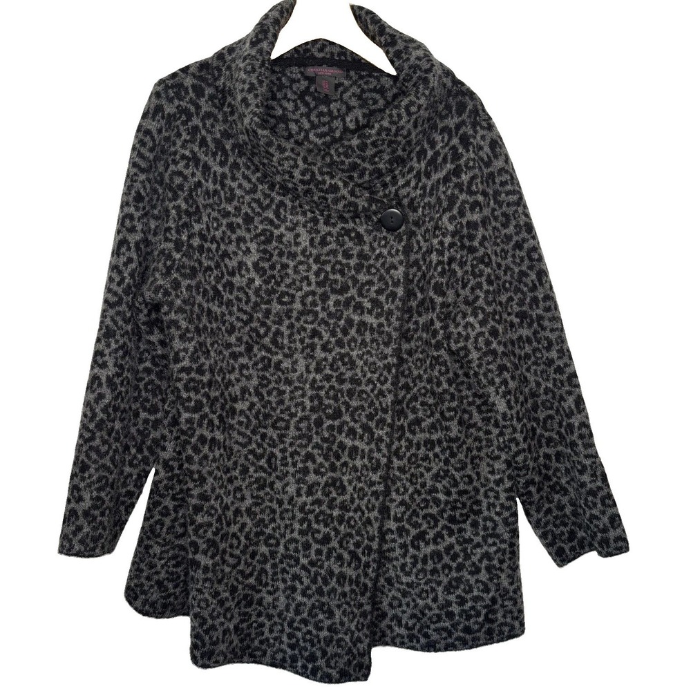 Christian Siriano New York Sweater 1X Grey Black Leopard Print Cardigan Classic